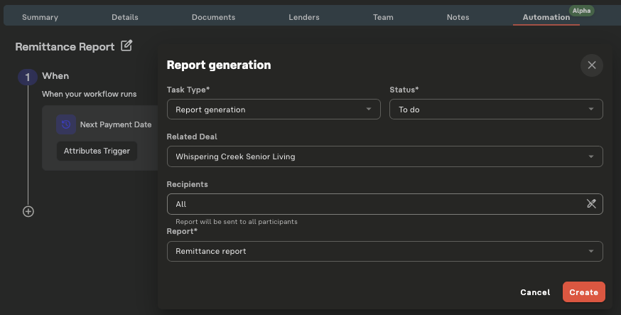 Report generation — configure automated remittance reports by deal, recipients, and workflow trigger